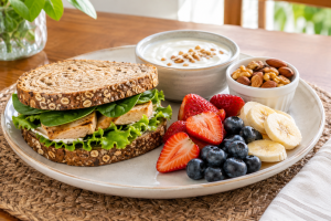 Lanche saudável e equilibrado com sanduíche, frutas, iogurte e castanhas