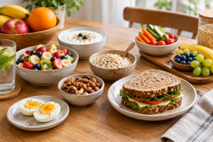 Lanches saudáveis para o dia a dia Mesa com variedade de lanches: frutas frescas, iogurte natural, aveia, castanhas, sanduíche de pão integral e ovos cozidos — ambiente moderno e acolhedor.
