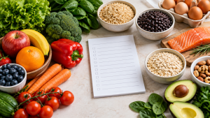 Lista de compras para uma alimentação saudável com frutas, verduras e alimentos básicos Lista de compras sobre bancada clara, cercada por frutas, verduras, legumes, arroz, feijão, ovos, peixe e aveia — a lista aparece em papel com linhas em branco, sem texto legível.