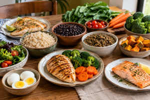 Opções de alimentos para um almoço saudável