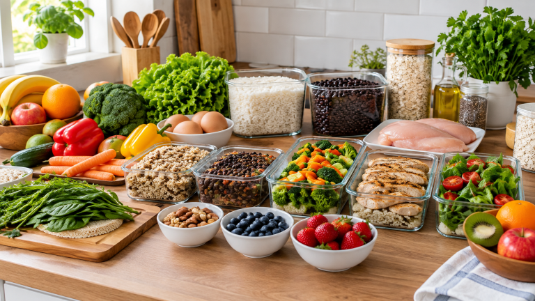 Organização de alimentos para uma alimentação saudável durante a semana Cozinha doméstica brasileira organizada, com arroz, feijão, ovos, frango, legumes, verduras, frutas e aveia separados para a semana — recipientes de alimentos preparados e ingredientes frescos na bancada.