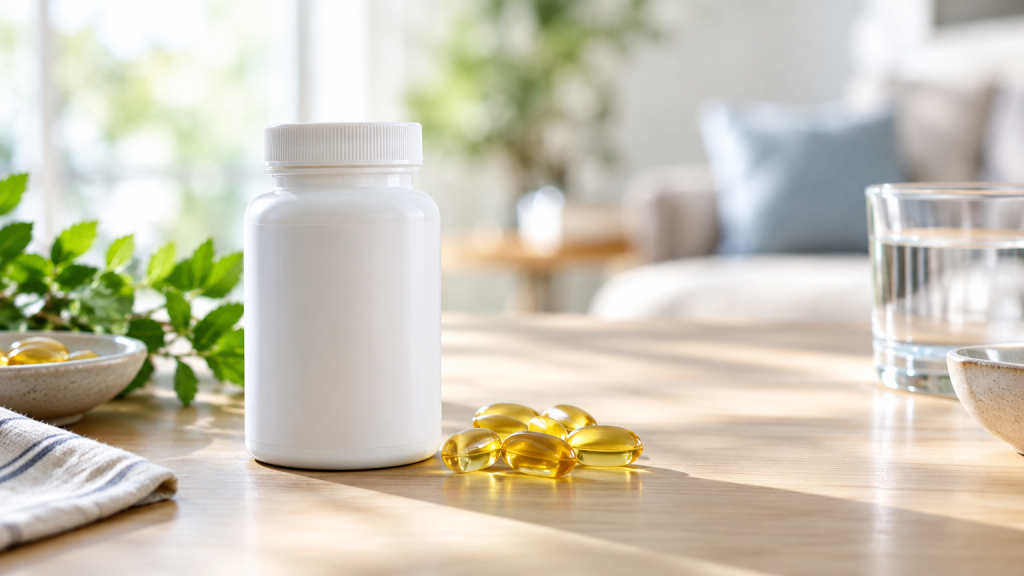 frasco genérico de vitamina D com cápsulas ao lado, luz natural e ambiente doméstico claro desfocado ao fundo, com o suplemento como elemento principal.
