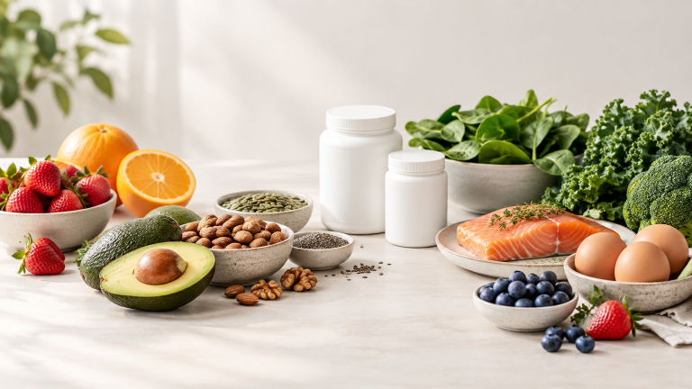 Destaque do artigo: composição ampla com frutas, verduras, castanhas, ovos, peixe e poucos frascos neutros de suplementos, com áreas de respiro para funcionar como imagem destacada.