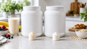 dois recipientes neutros de whey lado a lado sobre bancada limpa, com colher dosadora, copo com bebida proteica e alimentos naturais ao redor.