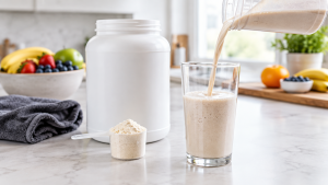 recipiente neutro com whey protein, colher dosadora e copo com bebida proteica sobre bancada clara, com frutas e toalha de treino desfocadas ao fundo.